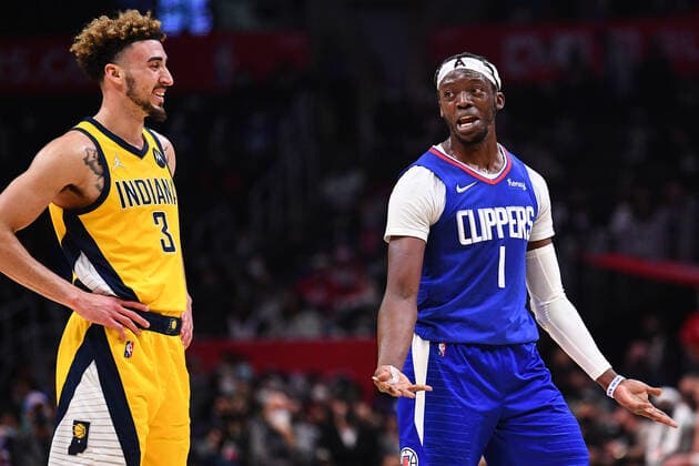LOS ANGELES, CA - JANUARY 17: Los Angeles Clippers Guard Reggie Jackson (1) jokes with Indiana Pacers Guard Chris Duarte (3) during a NBA, Basketball Herren, USA game between the Indiana Pacers and the Los Angeles Clippers on January 17, 2022 at Crypto.com Arena in Los Angeles, CA. (Photo by Brian Rothmuller Icon Sportswire) NBA: JAN 17 Pacers at Clippers Icon220117017