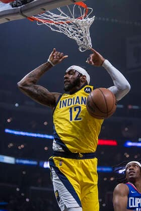 January 17, 2022, Los Angeles, California, USA: Oshae Brissett 12 of the Indiana Pacers scores during their NBA, Basketball Herren, USA game against the Los Angeles Clippers on Monday January 17, 2022 at Crypto.com Arena in Los Angeles, California. Clippers defeat Pacers, 139-133. ARIANA RUIZ PI Los Angeles USA - ZUMAp124 20220117_zaa_p124_015 Copyright: xArianaxRuizx