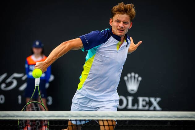David Goffin ATP, Tennis Herren 45) pictured in action at a tennis match between Belgian Goffin and British Evans, in the first round of the men s singles at the Australian Open Grand Slam tennis tournament, Tuesday 18 January 2022 in Melbourne Park, Melbourne, Australia. The 2022 edition of the Australian Grand Slam takes place from January 17th to January 30th. PATRICKxHAMILTON  x3480468x
