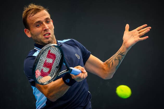 Daniel Evans ATP, Tennis Herren 26) pictured in action at a tennis match between Belgian Goffin and British Evans, in the first round of the men s singles at the Australian Open Grand Slam tennis tournament, Tuesday 18 January 2022 in Melbourne Park, Melbourne, Australia. The 2022 edition of the Australian Grand Slam takes place from January 17th to January 30th. PATRICKxHAMILTON  x3480472x
