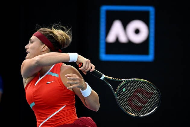 TENNIS AUSTRALIAN OPEN, Aryna Sabelenka of Belarus plays a shot during her first round Women?s singles match against Storm Sanders of Australia on Day 2 of the Australian Open, at Melbourne Park, in Melbourne, Tuesday, January 18, 2022. ( NO ARCHIVING, EDITORIAL USE ONLY, NO USE IN BOOKS WITHOUT CONSENT MELBOURNE VIC AUSTRALIA  Copyright: xDEANxLEWINSx 20220118001614408758