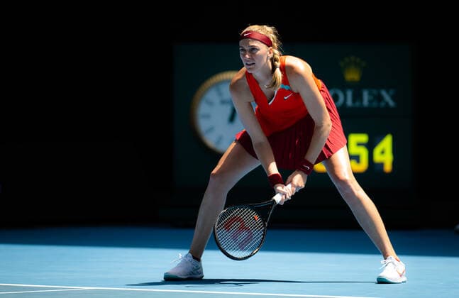 January 18, 2022, MELBOURNE, AUSTRALIA: Petra Kvitova of the Czech Republic in action during the first round of the 2022 Australian Open Grand Slam tennis tournament against Sorana Cirstea of Romania MELBOURNE AUSTRALIA - ZUMAa181 20220118_zaa_a181_020 Copyright: xRobxPrangex