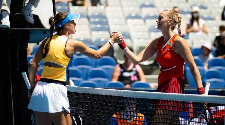 January 18, 2022, MELBOURNE, AUSTRALIA: Sorana Cirstea of Romania & Petra Kvitova of the Czech Republic in action during the first round of the 2022 Australian Open Grand Slam tennis tournament MELBOURNE AUSTRALIA - ZUMAa181 20220118_zaa_a181_033 Copyright: xRobxPrangex