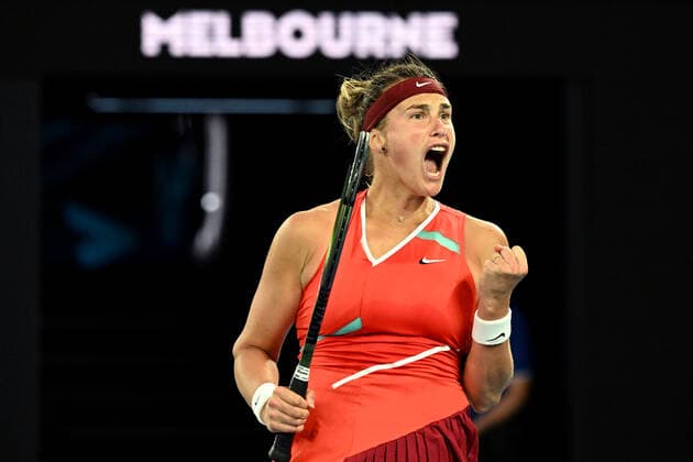 TENNIS AUSTRALIAN OPEN, Aryna Sabelenka of Belarus celebrates winning the second set during her first round Women?s singles match against Storm Sanders of Australia on Day 2 of the Australian Open, at Melbourne Park, in Melbourne, Tuesday, January 18, 2022. ( NO ARCHIVING, EDITORIAL USE ONLY, NO USE IN BOOKS WITHOUT CONSENT MELBOURNE VIC AUSTRALIA  Copyright: xDEANxLEWINSx 20220118001614415008