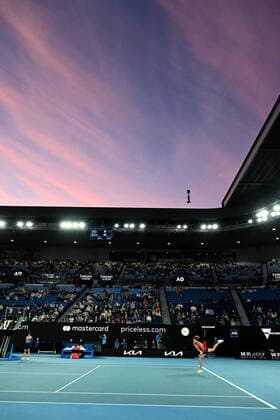 TENNIS AUSTRALIAN OPEN, Aryna Sabelenka of Belarus serves during her first round Women?s singles match against Storm Sanders of Australia on Day 2 of the Australian Open, at Melbourne Park, in Melbourne, Tuesday, January 18, 2022. ( NO ARCHIVING, EDITORIAL USE ONLY, NO USE IN BOOKS WITHOUT CONSENT MELBOURNE VIC AUSTRALIA  Copyright: xDEANxLEWINSx 20220118001614415760
