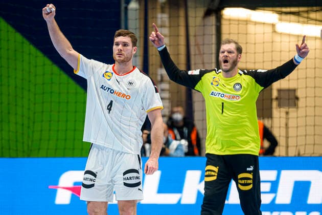 Bratislava, 18 January 2022 Handball EHF European Championship, preliminary round, group D, 3 matchday Poland vs Germany Johannes Golla Germany SG Flensburg , Johannes Bitter Germany HSV Hamburg Jubel Freude Emotion Bratislava Zimny Stadion Ondreja Nepelu Arena Slovakia