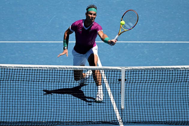 TENNIS AUSTRALIAN OPEN, Rafael Nadal of Spain plays a shot during his second round Men?s singles match against Yannick Hanfmann of Germany on Day 3 of the Australian Open, at Melbourne Park, in Melbourne, Wednesday, January 19, 2022. ( NO ARCHIVING, EDITORIAL USE ONLY, NO USE IN BOOKS WITHOUT CONSENT MELBOURNE VIC AUSTRALIA  Copyright: xDAVExHUNTx 20220119001614639059