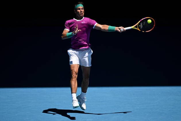 TENNIS AUSTRALIAN OPEN, Rafael Nadal of Spain plays a shot during his second round Men?s singles match against Yannick Hanfmann of Germany on Day 3 of the Australian Open, at Melbourne Park, in Melbourne, Wednesday, January 19, 2022. ( NO ARCHIVING, EDITORIAL USE ONLY, NO USE IN BOOKS WITHOUT CONSENT MELBOURNE VIC AUSTRALIA  Copyright: xDAVExHUNTx 20220119001614639465