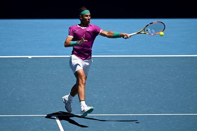 TENNIS AUSTRALIAN OPEN, Rafael Nadal of Spain plays a shot during his second round Men?s singles match against Yannick Hanfmann of Germany on Day 3 of the Australian Open, at Melbourne Park, in Melbourne, Wednesday, January 19, 2022. ( NO ARCHIVING, EDITORIAL USE ONLY, NO USE IN BOOKS WITHOUT CONSENT MELBOURNE VIC AUSTRALIA  Copyright: xDAVExHUNTx 20220119001614639567