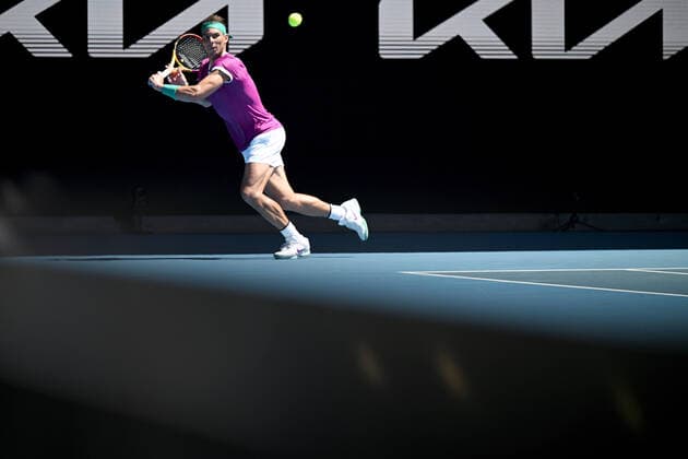 TENNIS AUSTRALIAN OPEN, Rafael Nadal of Spain plays a shot during his second round Men?s singles match against Yannick Hanfmann of Germany on Day 3 of the Australian Open, at Melbourne Park, in Melbourne, Wednesday, January 19, 2022. ( NO ARCHIVING, EDITORIAL USE ONLY, NO USE IN BOOKS WITHOUT CONSENT MELBOURNE VIC AUSTRALIA  Copyright: xDEANxLEWINSx 20220119001614647810
