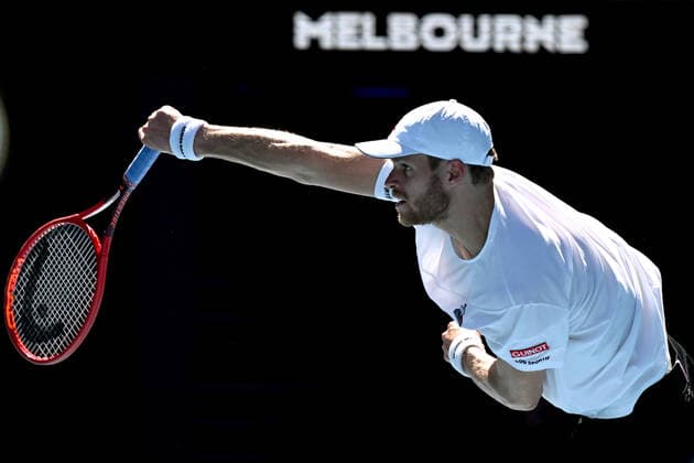 TENNIS AUSTRALIAN OPEN, Yannick Hanfmann of Germany serves during his second round Men?s singles match against Rafael Nadal of Spain on Day 3 of the Australian Open, at Melbourne Park, in Melbourne, Wednesday, January 19, 2022. ( NO ARCHIVING, EDITORIAL USE ONLY, NO USE IN BOOKS WITHOUT CONSENT MELBOURNE VIC AUSTRALIA  Copyright: xDEANxLEWINSx 20220119001614648255