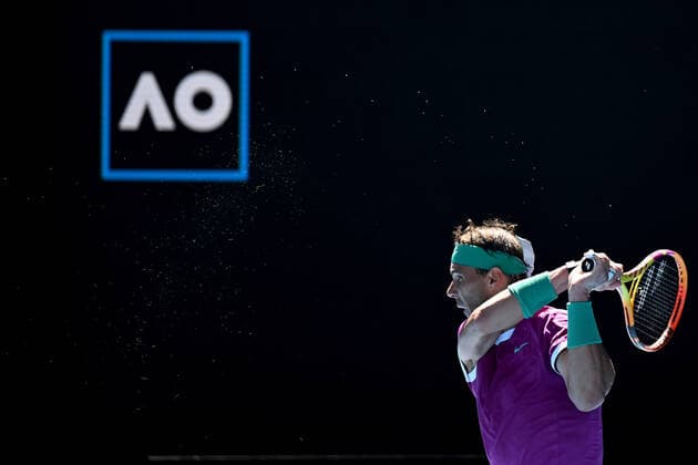 TENNIS AUSTRALIAN OPEN, Rafael Nadal of Spain plays a shot during his second round Men?s singles match against Yannick Hanfmann of Germany on Day 3 of the Australian Open, at Melbourne Park, in Melbourne, Wednesday, January 19, 2022. ( NO ARCHIVING, EDITORIAL USE ONLY, NO USE IN BOOKS WITHOUT CONSENT MELBOURNE VIC AUSTRALIA  Copyright: xDEANxLEWINSx 20220119001614650108