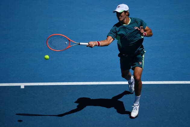 TENNIS AUSTRALIAN OPEN, Sonwoo Kwon of Korea plays a shot during his second round Men?s singles match against Denis Shapovalov of Canada on Day 3 of the Australian Open, at Melbourne Park, in Melbourne, Wednesday, January 19, 2022. ( NO ARCHIVING, EDITORIAL USE ONLY, NO USE IN BOOKS WITHOUT CONSENT MELBOURNE VIC AUSTRALIA  Copyright: xJAMESxROSSx 20220119001614650949