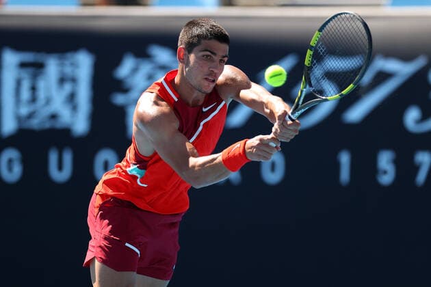 Mandatory Credit: Photo by Ella Ling Shutterstock (12763715cx) Carlos Alcaraz Garfia during his second round match Australian Open, Day Three, Tennis, Melbourne Park, Melbourne, Australia - 19 Jan 2022 Australian Open, Day Three, Tennis, Melbourne Park, Melbourne, Australia - 19 Jan 2022 Copyright: xEllaxLing Shutterstockx 12763715cx