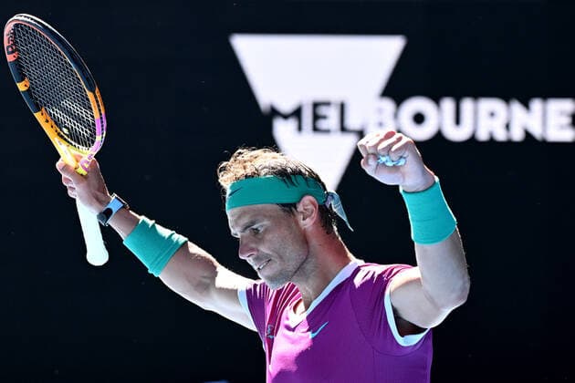 TENNIS AUSTRALIAN OPEN, Rafael Nadal of Spain celebrates after winning his second round Men?s singles match against Yannick Hanfmann of Germany on Day 3 of the Australian Open, at Melbourne Park, in Melbourne, Wednesday, January 19, 2022. ( NO ARCHIVING, EDITORIAL USE ONLY, NO USE IN BOOKS WITHOUT CONSENT MELBOURNE VIC AUSTRALIA  Copyright: xDAVExHUNTx 20220119001614654851