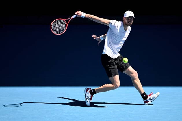 TENNIS AUSTRALIAN OPEN, Yannick Hanfmann of Germany plays a shot during his second round Men?s singles match against Rafael Nadal of Spain on Day 3 of the Australian Open, at Melbourne Park, in Melbourne, Wednesday, January 19, 2022. ( NO ARCHIVING, EDITORIAL USE ONLY, NO USE IN BOOKS WITHOUT CONSENT MELBOURNE VIC AUSTRALIA  Copyright: xDAVExHUNTx 20220119001614657399