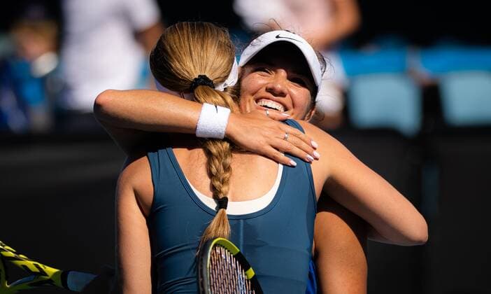 Mandatory Credit: Photo by Rob Prange Shutterstock (12763713ej) Danielle Collins of the United States & Desirae Krawczyk of the United States in action during the first round of doubles at the 2022 Australian Open Grand Slam tennis tournament Australian Open, Day Three, Tennis, Melbourne Park, Melbourne, Australia - 19 Jan 2022 Australian Open, Day Three, Tennis, Melbourne Park, Melbourne, Australia - 19 Jan 2022 Copyright: xRobxPrange Shutterstockx 12763713ej