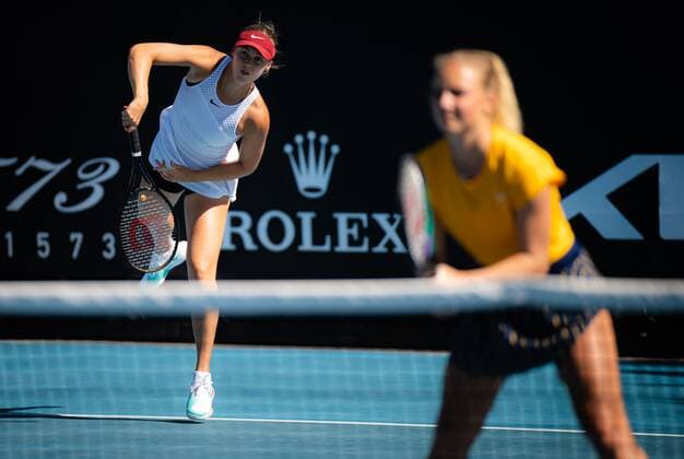 Mandatory Credit: Photo by Rob Prange Shutterstock (12763713eb) Anna Karolina Schmiedlova of Slovakia & Kimberley Zimmermann of Belgium in action during the first round of doubles at the 2022 Australian Open Grand Slam tennis tournament Australian Open, Day Three, Tennis, Melbourne Park, Melbourne, Australia - 19 Jan 2022 Australian Open, Day Three, Tennis, Melbourne Park, Melbourne, Australia - 19 Jan 2022 Copyright: xRobxPrange Shutterstockx 12763713eb
