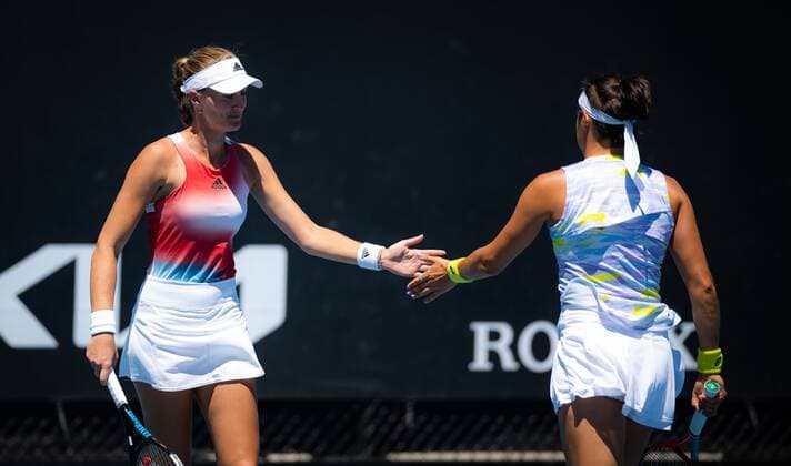 Mandatory Credit: Photo by Rob Prange Shutterstock (12763713ew) Caroline Garcia of France & Kristina Mladenovic of France in action during the first round of doubles of the 2022 Australian Open Grand Slam tennis tournament Australian Open, Day Three, Tennis, Melbourne Park, Melbourne, Australia - 19 Jan 2022 Australian Open, Day Three, Tennis, Melbourne Park, Melbourne, Australia - 19 Jan 2022 Copyright: xRobxPrange Shutterstockx 12763713ew