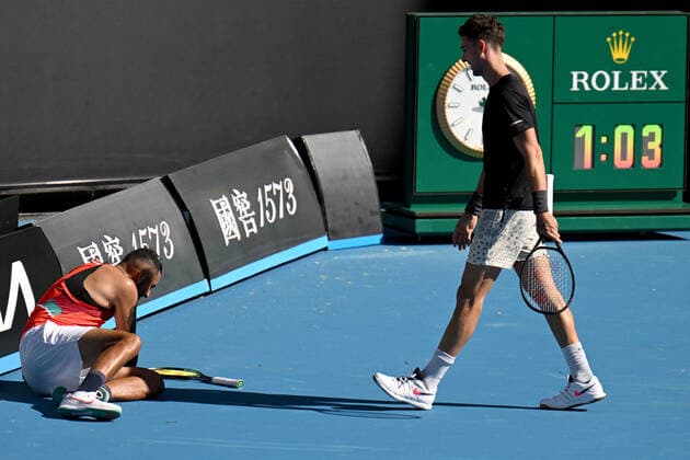 TENNIS AUSTRALIAN OPEN, Nick Kyrgios (left) and Thanasi Kokkinakis of Australia during their first round Men?s doubles match against Alex Bolt and James McCabe of Australia on Day 3 of the Australian Open, at Melbourne Park, in Melbourne, Wednesday, January 19, 2022. ( NO ARCHIVING, EDITORIAL USE ONLY, NO USE IN BOOKS WITHOUT CONSENT MELBOURNE VIC AUSTRALIA  Copyright: xDEANxLEWINSx 20220119001614660463