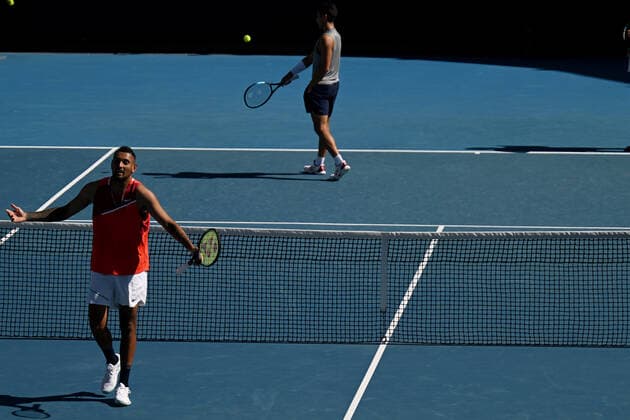 TENNIS AUSTRALIAN OPEN, Nick Kyrgios of Australia reacts during his first round Men?s doubles match with Thanasi Kokkinakis against Alex Bolt and James McCabe of Australia on Day 3 of the Australian Open, at Melbourne Park, in Melbourne, Wednesday, January 19, 2022. ( NO ARCHIVING, EDITORIAL USE ONLY, NO USE IN BOOKS WITHOUT CONSENT MELBOURNE VIC AUSTRALIA  Copyright: xDEANxLEWINSx 20220119001614660640