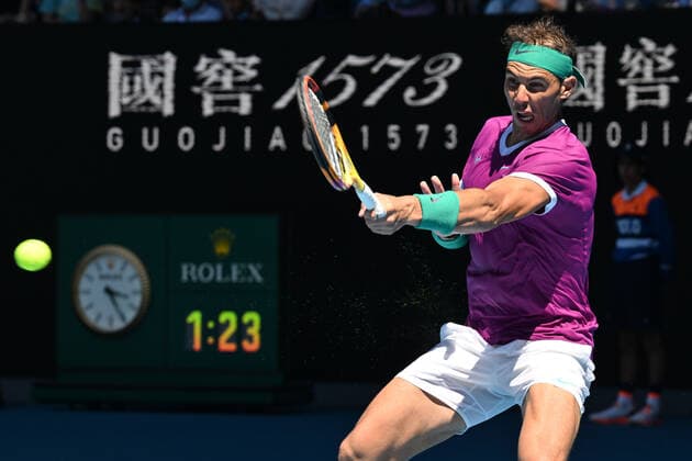 January 19, 2022: 6th seed RAFAEL NADAL (ESP) in action against YANNICK HANFMANN (GER) on Rod Laver Arena in a Men s Singles 2nd round match on day 3 of the 2022 Australian Open in Melbourne, Australia. Cal Media. Nadal won 6:2 6:3 6:4 USA - ZUMAc04_ 20220119_zaf_c04_007 Copyright: xSydneyxLowx