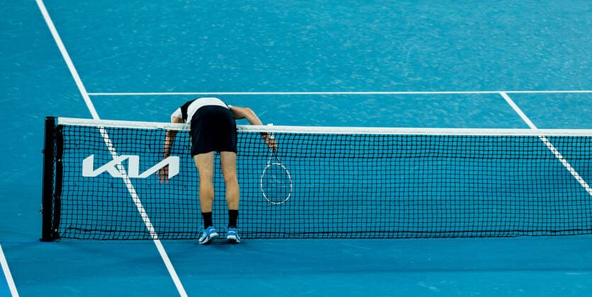 (220119) -- MELBOURNE, Jan. 19, 2022 -- John Millman of Australia reacts during the Men s Singles second round match against Alexander Zverev of Germany at Australian Open in Melbourne Park, in Melbourne, Australia, on Jan. 19, 2022. (Photo by Hu Jingchen Xinhua) (SP)AUSTRALIA-MELBOURNE-TENNIS-AUSTRALIAN OPEN-MEN S SINGLES BaixXuefei 
