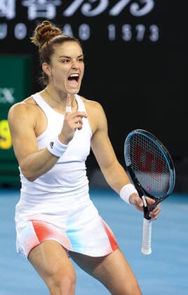 (220119) -- MELBOURNE, Jan. 19, 2022 -- Maria Sakkari of Greece reacts during the Women s Single second round match against Zheng Qinwen of China at Australian Open 2022 in Melbourne, Australia, on Jan. 19, 2022. ) (SP)AUSTRALIA-MELBOURNE-TENNIS-AUSTRALIAN OPEN-WOMEN S SINGLES BaixXuefei 