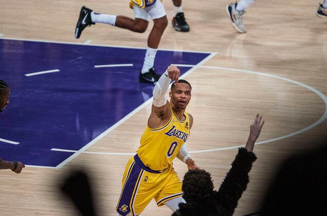 January 19, 2022, Los Angeles, California, USA: Russell Westbrook 0 of the Los Angeles Lakers celebrates after a three point shot during their NBA, Basketball Herren, USA game against the Indiana Pacers on Wednesday January 19, 2022 at Crypto.com Arena in Los Angeles, California. PI Los Angeles USA - ZUMAp124 20220119_zaa_p124_007 Copyright: xJAVIERxROJASx