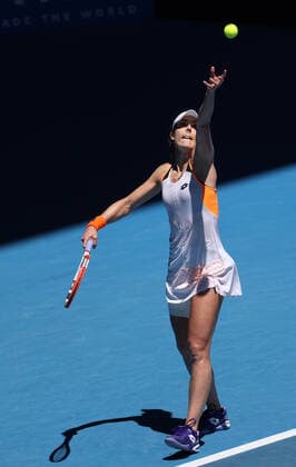 (220120) -- MELBOURNE, Jan. 20, 2022 -- Alize Cornet of France serves during the Women s Singles second round match against Garbine Muguruza of Spain at Australian Open in Melbourne Park, in Melbourne, Australia, on Jan. 20, 2022. ) (SP)AUSTRALIA-MELBOURNE-TENNIS-AUSTRALIAN OPEN-WOMEN S SINGLES-SECOND ROUND BaixXuefei 
