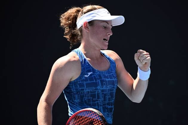 Mandatory Credit: Photo by James Gourley Shutterstock (12765058ec) Tamara Zidansek celebrates during her second round match Australian Open, Day Four, Tennis, Melbourne Park, Melbourne, Australia - 20 Jan 2022 Australian Open, Day Four, Tennis, Melbourne Park, Melbourne, Australia - 20 Jan 2022 Copyright: xJamesxGourley Shutterstockx 12765058ec