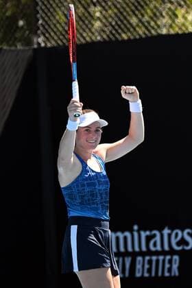 Mandatory Credit: Photo by James Gourley Shutterstock (12765058ee) Tamara Zidansek celebrates victory in her second round match Australian Open, Day Four, Tennis, Melbourne Park, Melbourne, Australia - 20 Jan 2022 Australian Open, Day Four, Tennis, Melbourne Park, Melbourne, Australia - 20 Jan 2022 Copyright: xJamesxGourley Shutterstockx 12765058ee