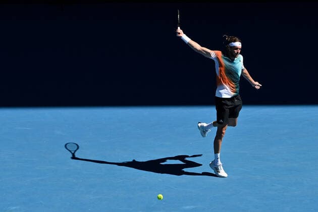 TENNIS AUSTRALIAN OPEN, Stefanos Tsitsipas of Greece plays a shot during his second round Men?s singles match against Sebastian Baez of Argentinaon day 4 of the Australian Open at Melbourne Park in Melbourne, Thursday, January 20, 2022. ( NO ARCHIVING, EDITORIAL USE ONLY, NO USE IN BOOKS WITHOUT CONSENT MELBOURNE VICTORIA AUSTRALIA  Copyright: xJOELxCARRETTx 20220120001615103424