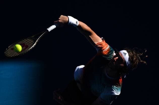 Mandatory Credit: Photo by James Gourley Shutterstock (12765058el) Stefanos Tsitsipas during his second round match Australian Open, Day Four, Tennis, Melbourne Park, Melbourne, Australia - 20 Jan 2022 Australian Open, Day Four, Tennis, Melbourne Park, Melbourne, Australia - 20 Jan 2022 Copyright: xJamesxGourley Shutterstockx 12765058el