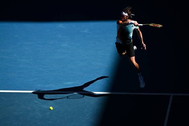 Mandatory Credit: Photo by James Gourley Shutterstock (12765058ey) Stefanos Tsitsipas during his second round match Australian Open, Day Four, Tennis, Melbourne Park, Melbourne, Australia - 20 Jan 2022 Australian Open, Day Four, Tennis, Melbourne Park, Melbourne, Australia - 20 Jan 2022 Copyright: xJamesxGourley Shutterstockx 12765058ey