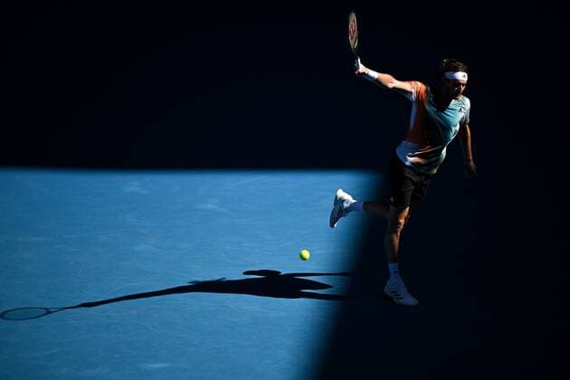 Mandatory Credit: Photo by James Gourley Shutterstock (12765058fa) Stefanos Tsitsipas during his second round match Australian Open, Day Four, Tennis, Melbourne Park, Melbourne, Australia - 20 Jan 2022 Australian Open, Day Four, Tennis, Melbourne Park, Melbourne, Australia - 20 Jan 2022 Copyright: xJamesxGourley Shutterstockx 12765058fa