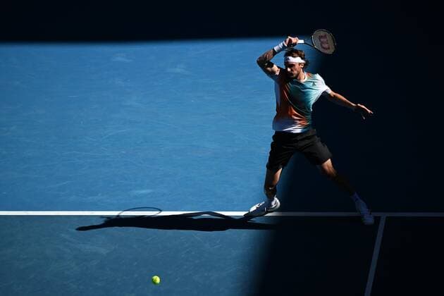 Mandatory Credit: Photo by James Gourley Shutterstock (12765058fb) Stefanos Tsitsipas during his second round match Australian Open, Day Four, Tennis, Melbourne Park, Melbourne, Australia - 20 Jan 2022 Australian Open, Day Four, Tennis, Melbourne Park, Melbourne, Australia - 20 Jan 2022 Copyright: xJamesxGourley Shutterstockx 12765058fb