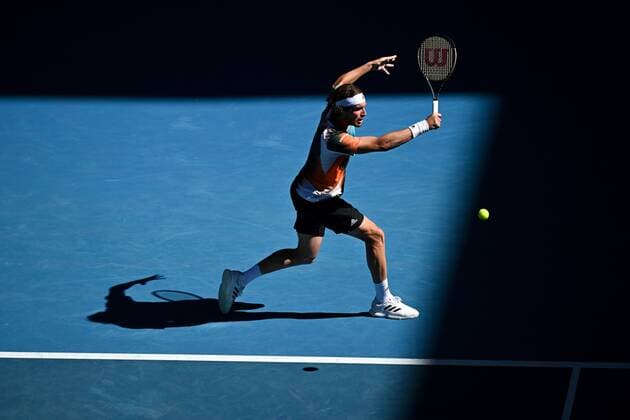 Mandatory Credit: Photo by James Gourley Shutterstock (12765058fc) Stefanos Tsitsipas during his second round match Australian Open, Day Four, Tennis, Melbourne Park, Melbourne, Australia - 20 Jan 2022 Australian Open, Day Four, Tennis, Melbourne Park, Melbourne, Australia - 20 Jan 2022 Copyright: xJamesxGourley Shutterstockx 12765058fc