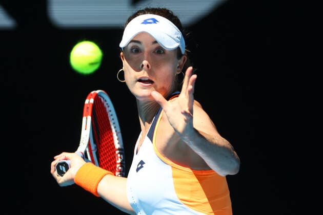 French Alize Cornet pictured in action during a tennis match between French Cornet and Spanish Muguruza, in the second round of the women s singles at the Australian Open Grand Slam tennis tournament, Thursday 20 January 2022 in Melbourne Park, Melbourne, Australia. The 2022 edition of the Australian Grand Slam takes place from January 17th to January 30th. PATRICKxHAMILTON  x4022987x