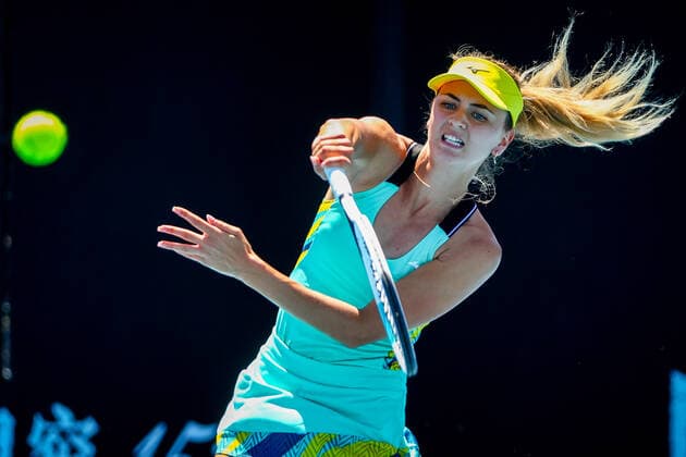 Belgian Maryna Zanevska pictured in action during a tennis match between the German-Belgian pair Lohoff-Zanevska and the Belgian-Spanish pair Flipkens-Sorribes Tormo, in the first round of the women s doubles at the Australian Open Grand Slam tennis tournament, Thursday 20 January 2022 in Melbourne Park, Melbourne, Australia. The 2022 edition of the Australian Grand Slam takes place from January 17th to January 30th. PATRICKxHAMILTON  x4024219x