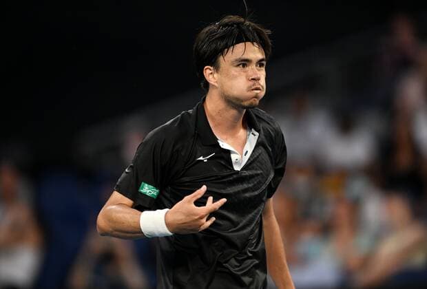 Mandatory Credit: Photo by James Gourley Shutterstock (12765058iu) Taro Daniel celebrates victory in his second round match Australian Open, Day Four, Tennis, Melbourne Park, Melbourne, Australia - 20 Jan 2022 Australian Open, Day Four, Tennis, Melbourne Park, Melbourne, Australia - 20 Jan 2022 Copyright: xJamesxGourley Shutterstockx 12765058iu