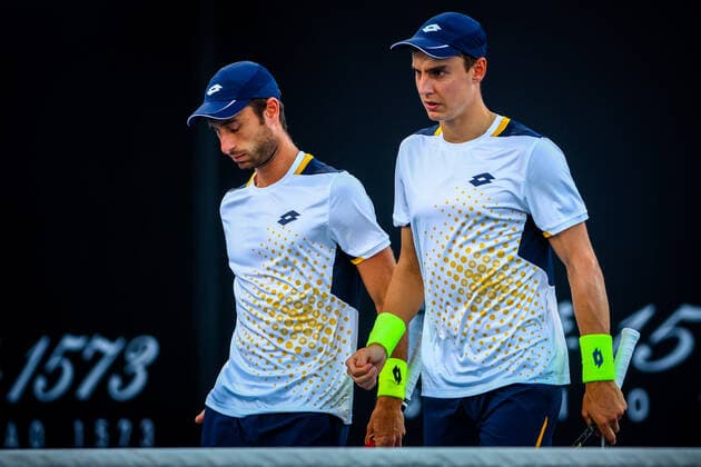 Belgian Sander Gille and Belgian Joran Vliegen pictured during a tennis match between the Belgian pair Gille-Vliegen and the French pair Bonzi-Rinderknech, in the first round of the men s doubles at the Australian Open Grand Slam tennis tournament, Thursday 20 January 2022 in Melbourne Park, Melbourne, Australia. The 2022 edition of the Australian Grand Slam takes place from January 17th to January 30th. PATRICKxHAMILTON  x4066632x