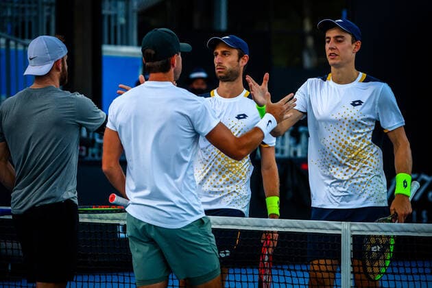 Belgian Sander Gille and Belgian Joran Vliegen pictured during a tennis match between the Belgian pair Gille-Vliegen and the French pair Bonzi-Rinderknech, in the first round of the men s doubles at the Australian Open Grand Slam tennis tournament, Thursday 20 January 2022 in Melbourne Park, Melbourne, Australia. The 2022 edition of the Australian Grand Slam takes place from January 17th to January 30th. PATRICKxHAMILTON  x4067113x