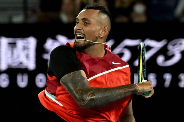 TENNIS AUSTRALIAN OPEN, Nick Kyrgios of Australia plays a shot during his second round Men?s singles match against Daniil Medvedev of Russia on day 4 of the Australian Open at Melbourne Park in Melbourne, Thursday, January 20, 2022. ( NO ARCHIVING, EDITORIAL USE ONLY, NO USE IN BOOKS WITHOUT CONSENT MELBOURNE VICTORIA AUSTRALIA  Copyright: xDEANxLEWINSx 20220120001615158352