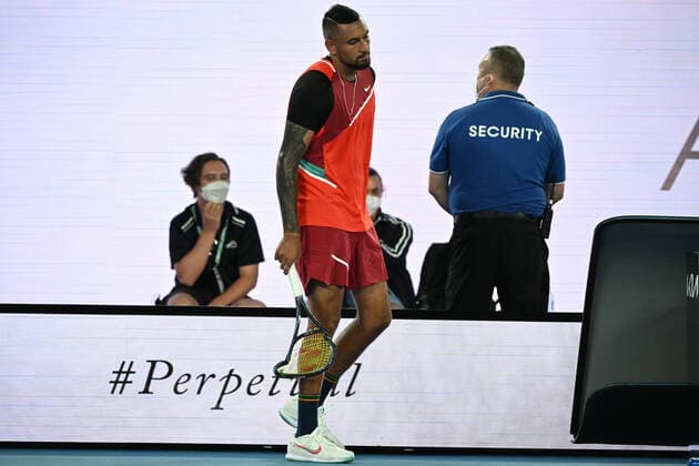 TENNIS AUSTRALIAN OPEN, Nick Kyrgios of Australia after smashing his racquet during his second round Men?s singles match against Daniil Medvedev of Russia on day 4 of the Australian Open at Melbourne Park in Melbourne, Thursday, January 20, 2022. ( NO ARCHIVING, EDITORIAL USE ONLY, NO USE IN BOOKS WITHOUT CONSENT MELBOURNE VICTORIA AUSTRALIA  Copyright: xDEANxLEWINSx 20220120001615160943