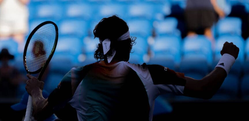 (220120) -- MELBOURNE, Jan. 20, 2022 -- Stefanos Tsitsipas of Greece celebrates during the men s singles 2nd round match against Sebastian Baez of Argentina at Australian Open in Melbourne Park, in Melbourne, Australia, Jan. 20, 2022. (Photo by Xinhua) (SP)AUSTRALIA-MELBOURNE-TENNIS-AUSTRALIAN OPEN-MEN S SINGLES HuxJingchen 