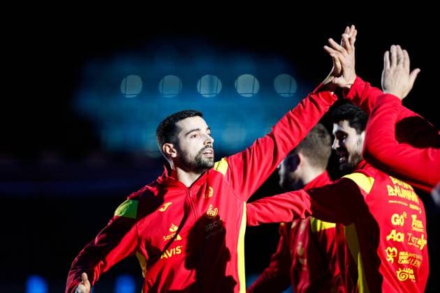 Ferran SOLE SALA (14) and Eduardo GURBINDO MARTINEZ (03) during the handball match Germany vs Spain, Men™s EHF EURO 2022 Hungary, Slovakia, Bratislava, 20.01.2021,  Copyright: xJozoxCabrajax xkolektiffx