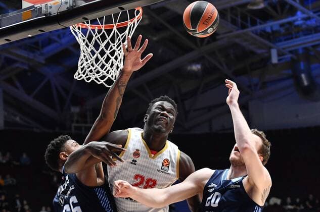 Russia Basketball Euroleague Zenit - Monaco 6745767 20.01.2022 Zenit s Jordan Mickey, Monaco s Ibrahima Fall Faye and Zenit s Andrey Zubkov struggle for the ball during the Euroleague basketball match between Zenit St. Petersburg and Monaco, in St. Petersburg, Russia. Alexander Galperin Sputnik St. Petersburg Russia  Copyright: xAlexanderxGalperinx