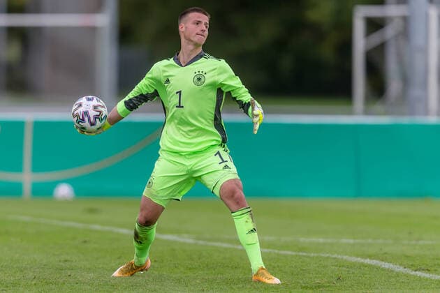 07 10 2020, Loerrach, Germany, Gruettpark Stadium, Germany vs Switzerland U20 Test Match , Goalkeeper Diant Ramaj Germany U20 in action, on the ball, individual action Photo H Langer Loerrach Baden Wuerttemberg Germany  09-541-052661 Langer-541