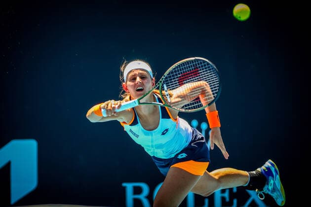 Belgian Greet Minnen pictured in action during a tennis match between the Belgian-Australian pair Minnen - Perez and the Chinese-US pair Guarachi - Melichar-Martinez, in the second round of the women s doubles at the Australian Open Grand Slam tennis tournament, Friday 21 January 2022 in Melbourne Park, Melbourne, Australia. The 2022 edition of the Australian Grand Slam takes place from January 17th to January 30th. PATRICKxHAMILTON  x4401099x
